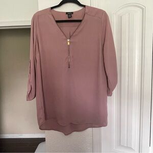 Rue 21  XL Blouse Pink Gold V-Neck Zipper Roll Tab Sleeves